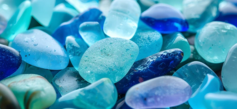 Nahaufnahme von polierten Blauquarz-Steinen in verschiedenen Blau- und Türkistönen mit glatter, schimmernder Oberfläche.