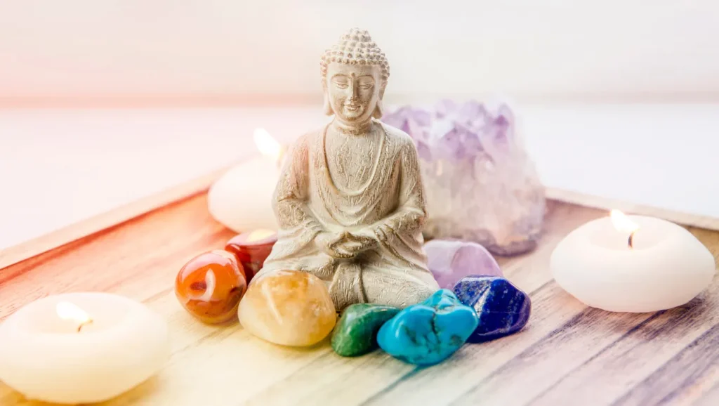 Meditative Buddha-Statue auf einem Holztablett, umgeben von bunten Heilsteinen, Amethyst und brennenden Kerzen, symbolisch für spirituelle Ruhe und Harmonie.