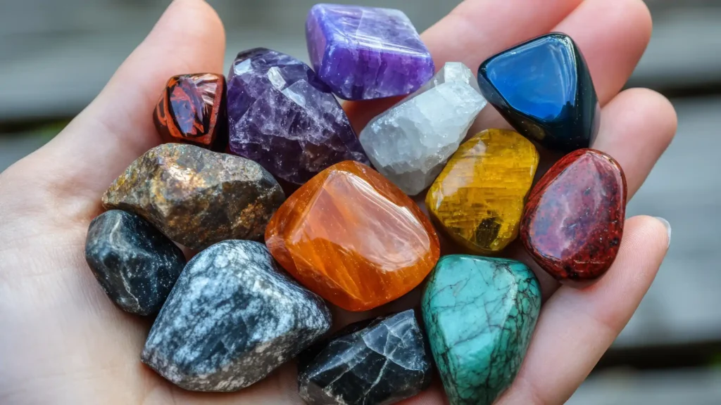 Hand hält eine Sammlung verschiedenfarbiger Edelsteine, darunter Amethyst, Karneol, Tigerauge und Türkis, symbolisch für die Aktivierung der Energiezentren und Chakren.