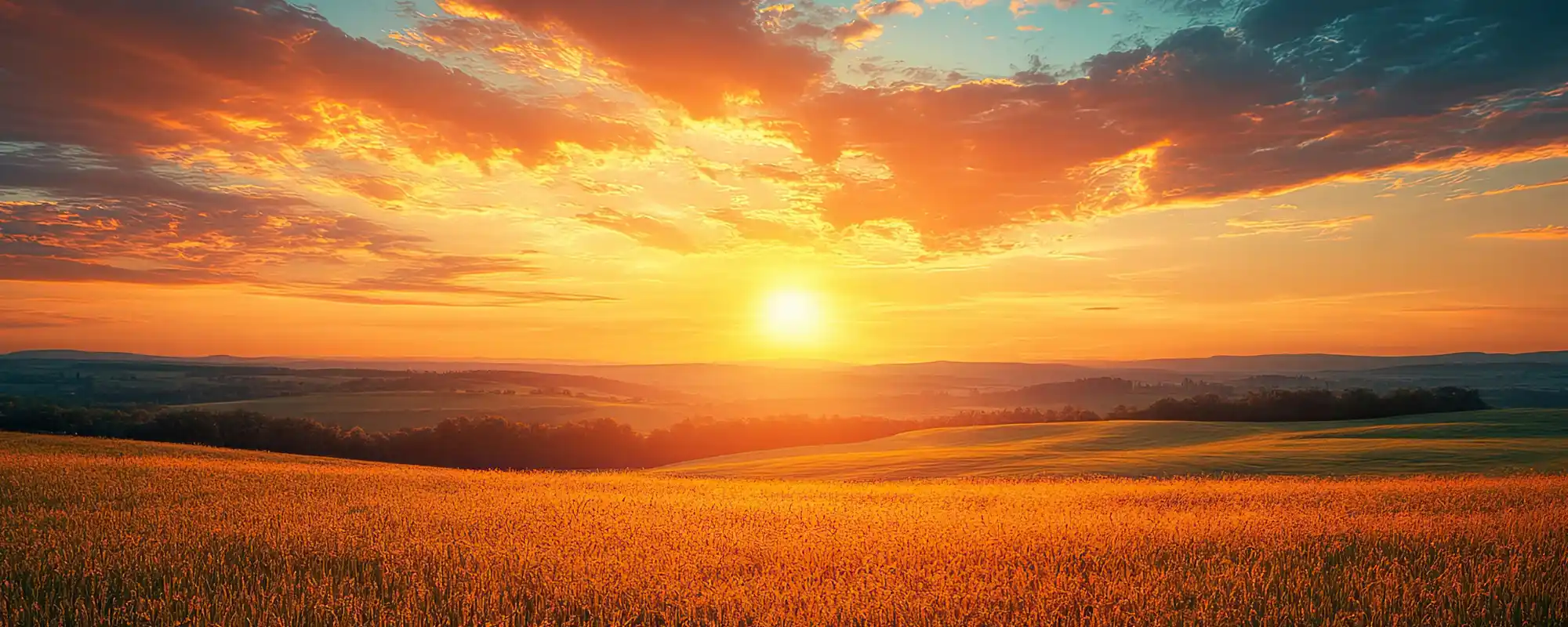 Ein weites, goldenes Feld im Licht der untergehenden Sonne. Die Sonnenstrahlen tauchen die Landschaft in warme Orange- und Gelbtöne, während der Himmel mit spektakulären Wolkenformationen in Blau, Lila und Rot leuchtet. Die sanften Hügel im Hintergrund erstrecken sich in die Ferne und verleihen der Szene eine beruhigende, harmonische Tiefe. Das Bild vermittelt eine Atmosphäre der Ruhe, Dankbarkeit und Verbundenheit mit der Natur.