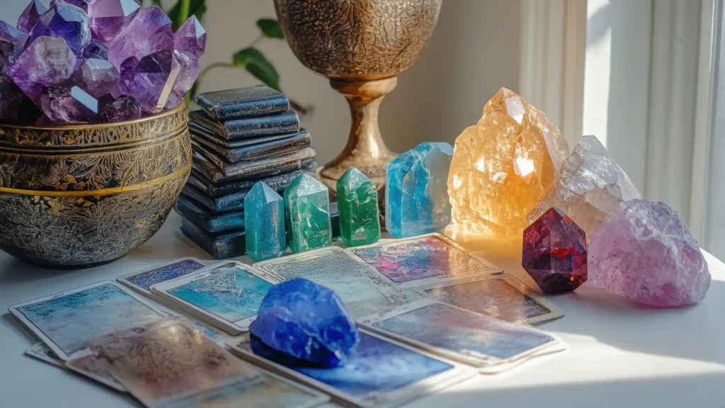 Spirituelle Ritualszene mit Kristallen, Tarotkarten und einem verzierten Kelch auf einem sonnendurchfluteten Tisch, symbolisch für Morgen- und Abendroutinen.