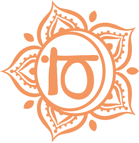 Orangefarbenes Sakralchakra-Symbol mit einem stilisierten Mandala-Design und dem Sanskrit-Zeichen, das das Sakralchakra darstellt.