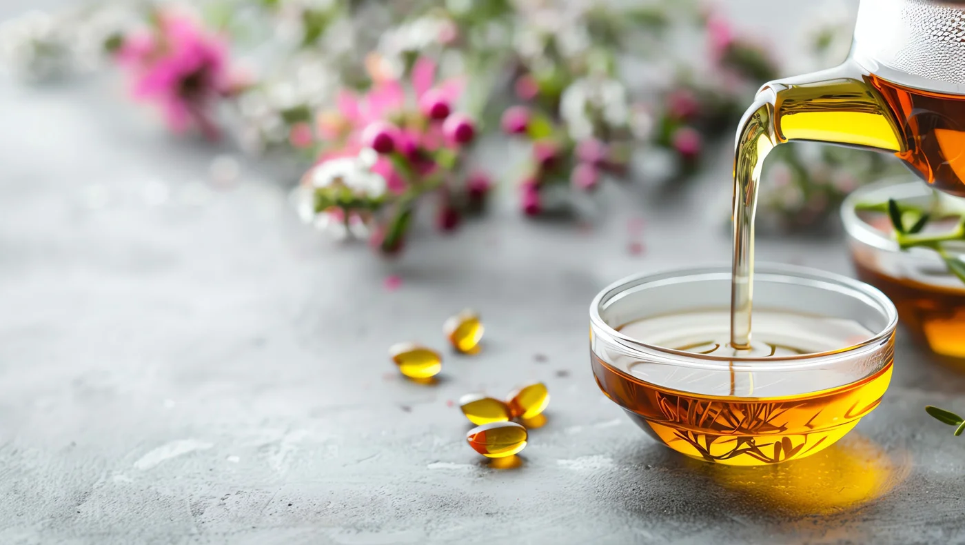 Goldener Kräutertee wird aus einer Glaskanne in eine kleine Schale gegossen, umgeben von weichen, unscharfen Blüten und goldenen Gelkapseln auf einer grauen Steinoberfläche