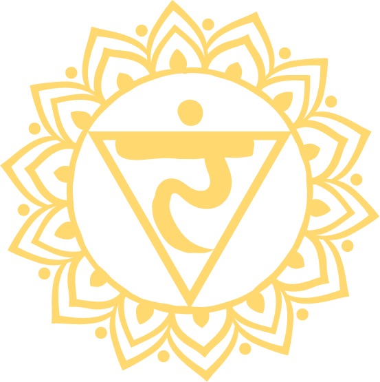 Gelbes Solarplexuschakra-Symbol mit einem stilisierten Mandala-Design, einem nach unten gerichteten Dreieck und dem Sanskrit-Zeichen, das das Solarplexuschakra repräsentiert.