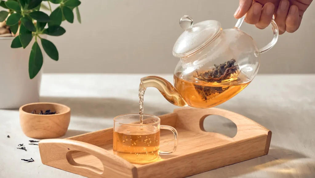 Hand gießt heißen Kräutertee aus einer gläsernen Teekanne in eine Tasse, die auf einem Holztablett steht, mit Teeblättern und einer Pflanze im Hintergrund.
