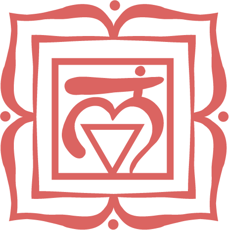 Rotes Wurzelchakra-Symbol mit einem quadratischen Mandala-Design, einem nach oben gerichteten Dreieck und dem Sanskrit-Zeichen, das das Wurzelchakra repräsentiert.