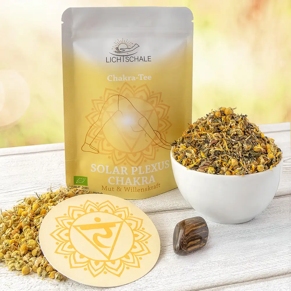 Gelbes Chakra-Tee-Set für das Solarplexuschakra mit Teepackung, einer weißen Schale voller getrockneter Kräuter und Blüten, gelber runder Unterlage mit Manipura-Symbol sowie einem braun-goldenen Heilstein (Tigerauge) auf hellem Holztisch